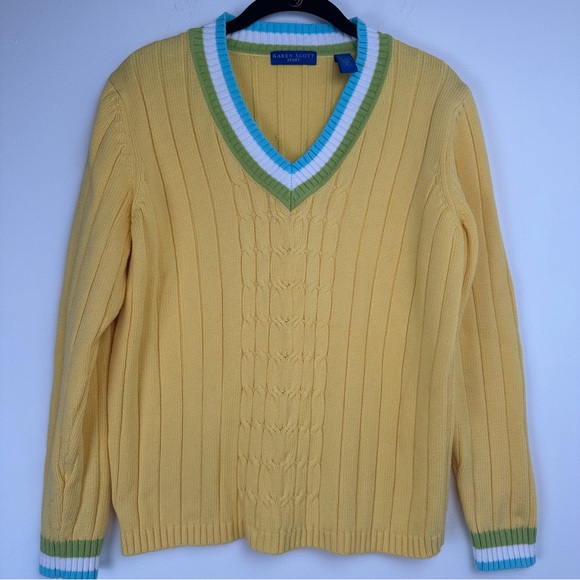 Karen Scott V-neck Sweater Size Medium Yellow Cable Knit Tennis Preppy Old Money - Picture 1 of 7